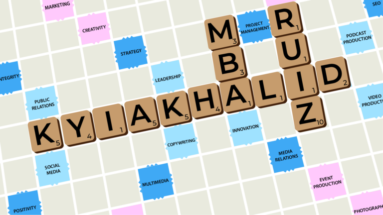 Kyiakhalid Ruiz, MBA arranged on a Scrabble board with key marketing, communications and brand management attributes displayed.